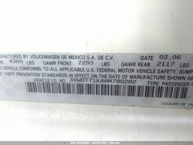 2006 VOLKSWAGEN JETTA SEDAN 1.9L TDI VIN: 3VWDT71K46M780282