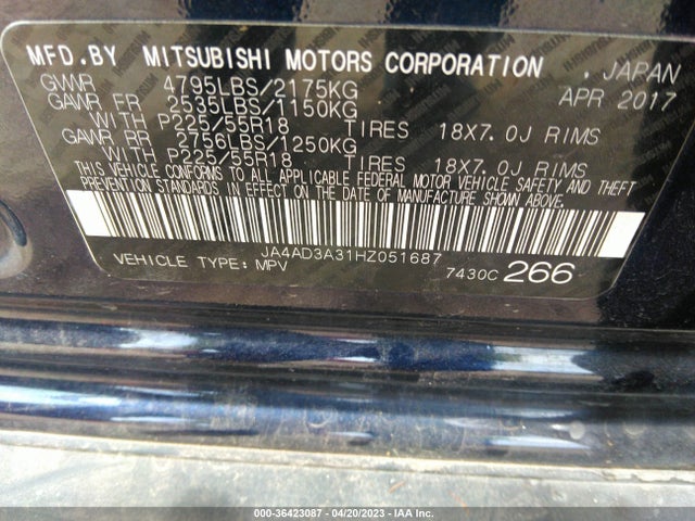JA4AD3A31HZ051687 Mitsubishi Outlander Se