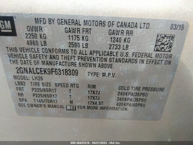 Chevrolet EQUINOX LT 2015 2GNALCEK9F6318309 Image 10