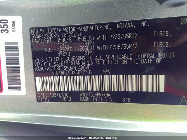 2021 TOYOTA SIENNA XLE VIN: 5TDYRKEC0MS072732
