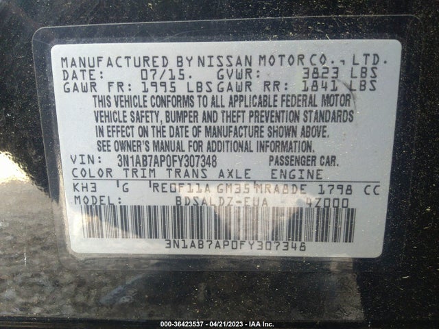 2015 NISSAN SENTRA SV VIN: 3N1AB7AP0FY307348
