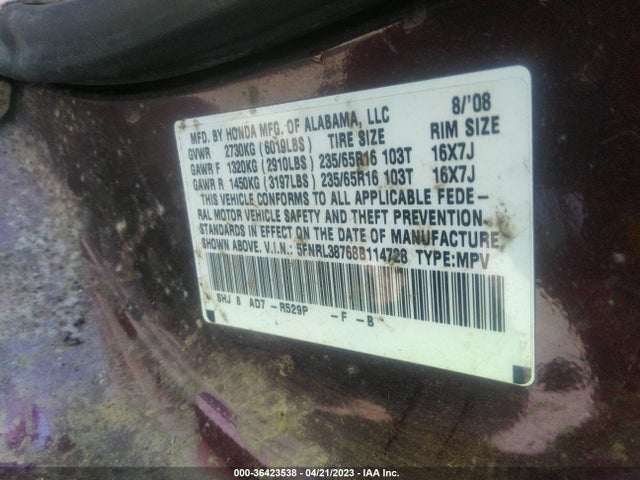 2008 HONDA ODYSSEY EX-L VIN: 5FNRL38768B114728