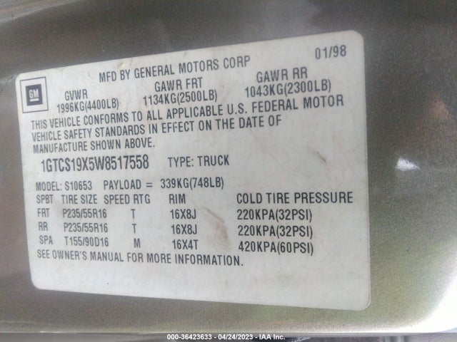 1998 GMC SONOMA SLS VIN: 1GTCS19X5W8517558
