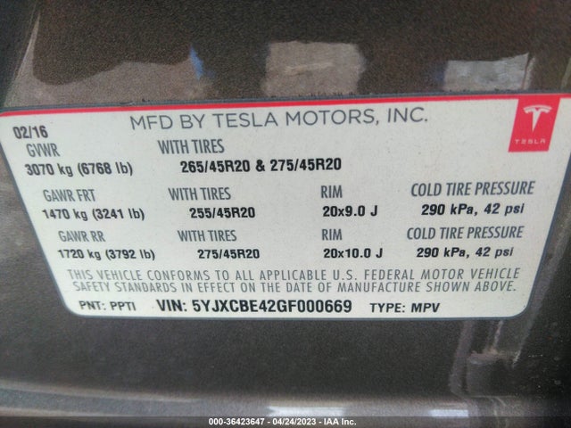 Tesla Model X P90d/75d/p100d 2016 5YJXCBE42GF000669 Image 10