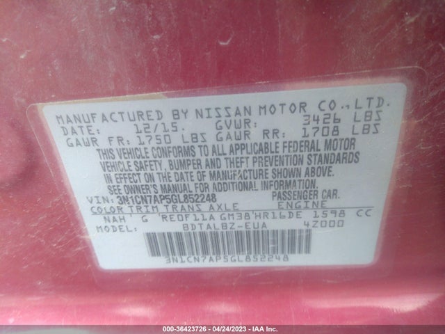 2016 NISSAN VERSA S/S PLUS/SL/SV VIN: 3N1CN7AP5GL852248