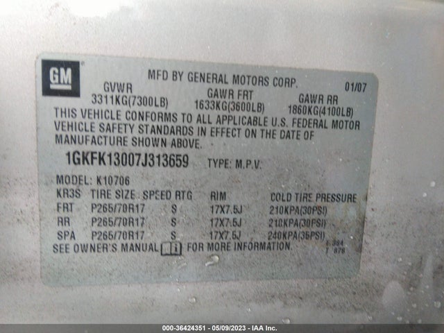 2007 GMC YUKON SLT VIN: 1GKFK13007J313659