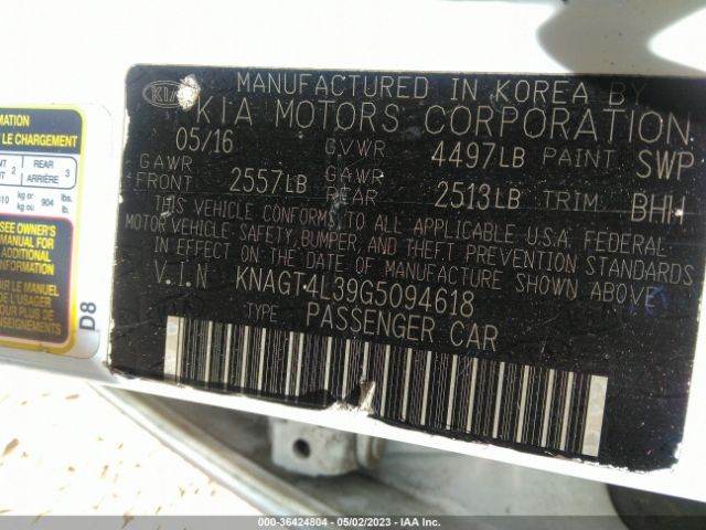 KNAGT4L39G5094618 KIA Optima Lx