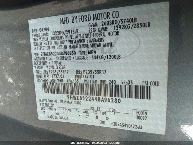 2004 FORD FREESTAR WAGON SEL VIN: 2FMZA52244BA96280