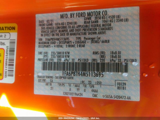 1FA6P8TH4M5113695 Ford Mustang Ecoboost