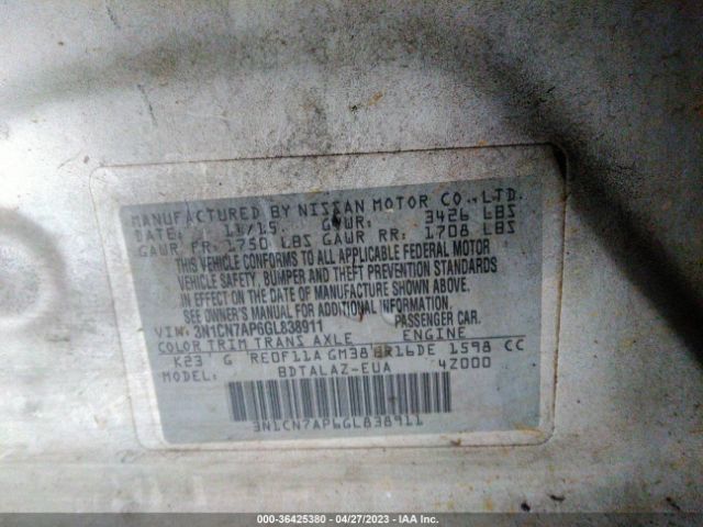 3N1CN7AP6GL838911 Nissan Versa S Plus