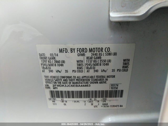 2014 FORD EDGE SEL VIN: 2FMDK3JC6EBA44463