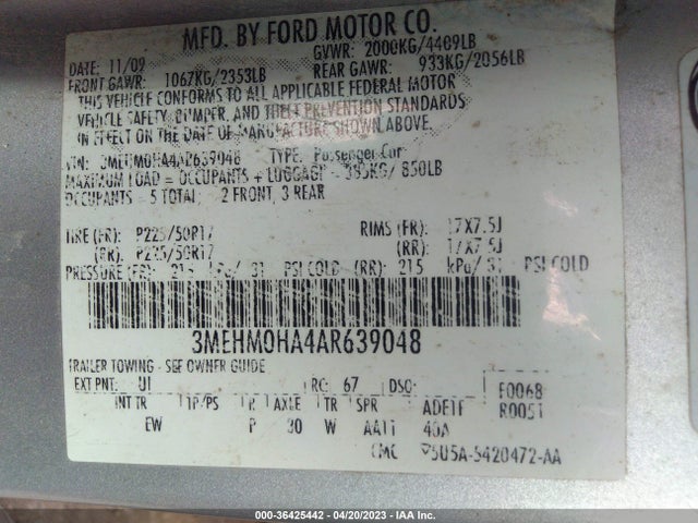 2010 MERCURY MILAN VIN: 3MEHM0HA4AR639048
