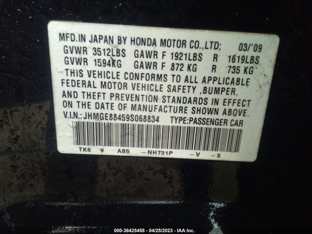 2009 HONDA FIT SPORT VIN: JHMGE88459S068834