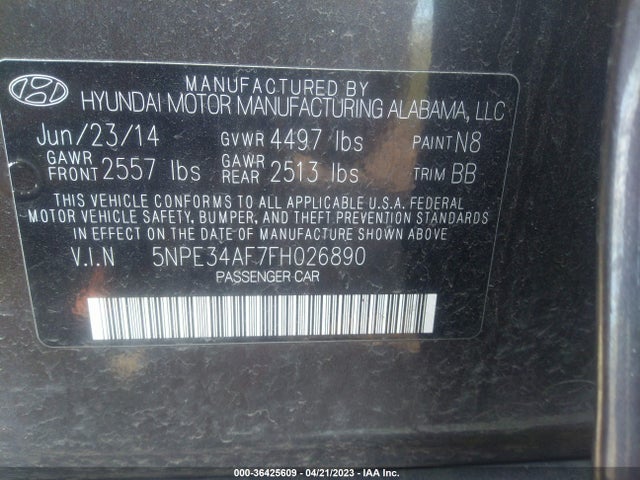 2015 HYUNDAI SONATA 2.4L LIMITED VIN: 5NPE34AF7FH026890