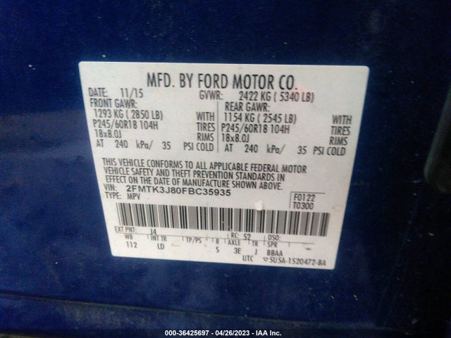 2015 FORD EDGE SEL VIN: 2FMTK3J80FBC35935