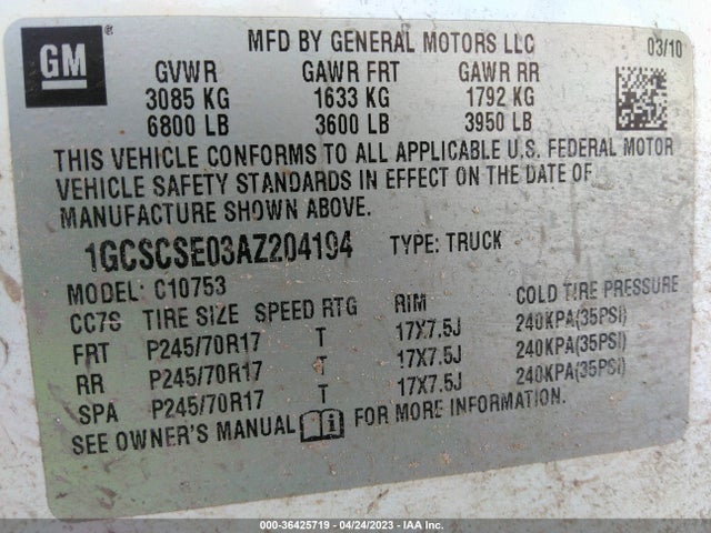 2010 CHEVROLET SILVERADO 1500 LT VIN: 1GCSCSE03AZ204194