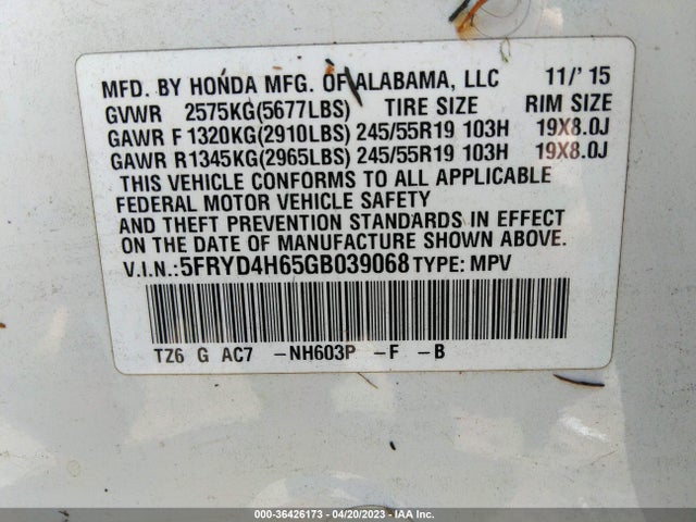 5FRYD4H65GB039068 Acura Mdx W/tech/entertainment/w