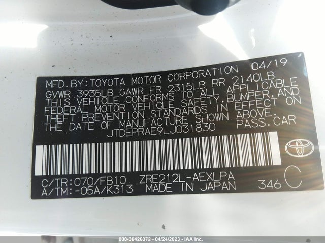 2020 TOYOTA COROLLA LE VIN: JTDEPRAE9LJ031830