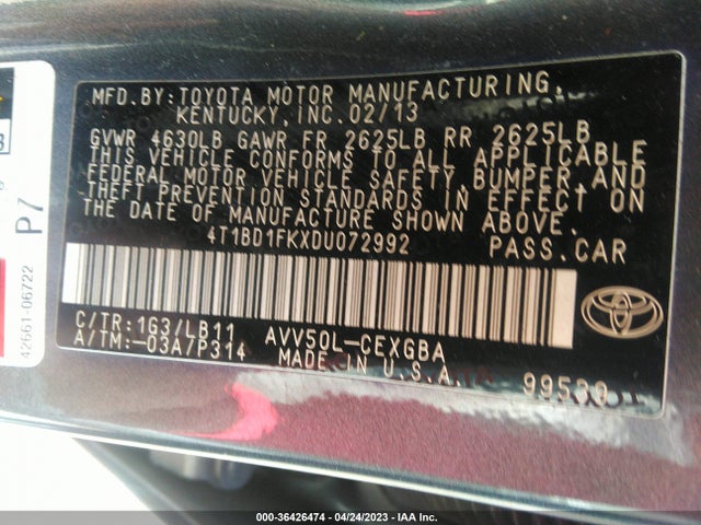 2013 TOYOTA CAMRY HYBRID LE/XLE VIN: 4T1BD1FKXDU072992