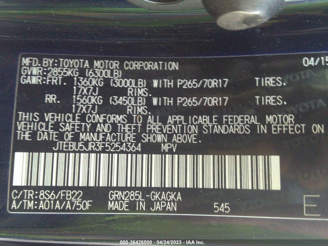 2015 TOYOTA 4RUNNER LIMITED/TRAIL/SR5 VIN: JTEBU5JR3F5254364