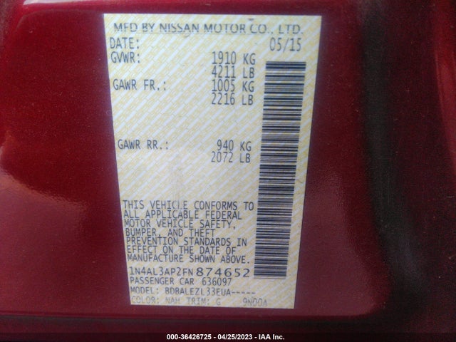 Nissan ALTIMA 2.5 2015 1N4AL3AP2FN874652 Image 10