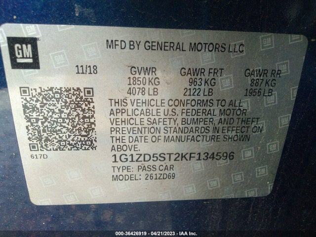2019 CHEVROLET MALIBU LT VIN: 1G1ZD5ST2KF134596