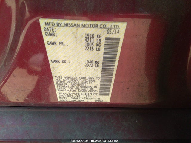 2015 NISSAN ALTIMA 2.5 S VIN: 1N4AL3AP5FC100522