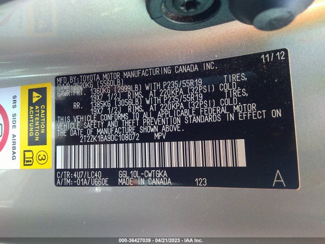 2013 LEXUS RX 350 VIN: 2T2ZK1BA9DC108072
