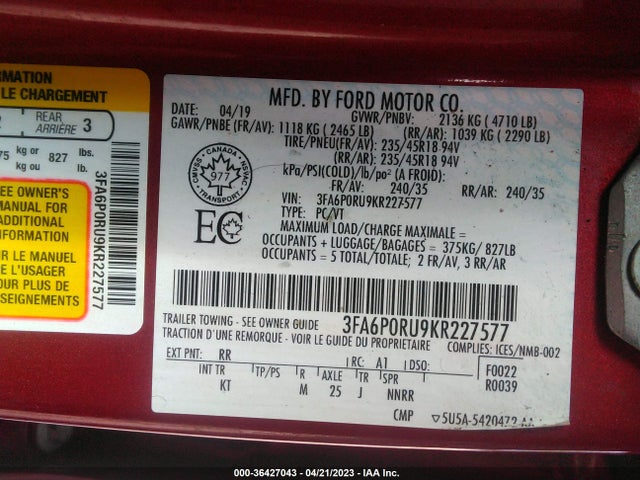 Ford Fusion Hybrid Titanium 2019 3FA6P0RU9KR227577 Image 9