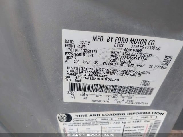 2012 FORD F-150 XL/XLT/FX4/LARIAT VIN: 1FTFW1EF0CFB09250