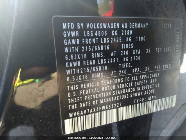 WVGAV7AX4FW551222 Volkswagen TIGUAN S