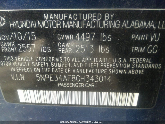 2016 HYUNDAI SONATA 2.4L SPORT VIN: 5NPE34AF8GH343014