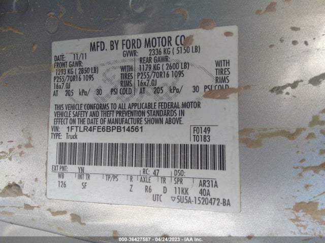 2011 FORD RANGER SPORT VIN: 1FTLR4FE6BPB14561