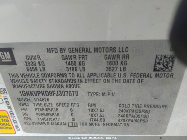 1GKKVPKD8FJ307670 GMC ACADIA SLE