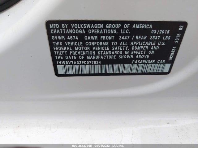 1VWBV7A33FC077624 Volkswagen Passat 2.0l Tdi Se W/sunroof