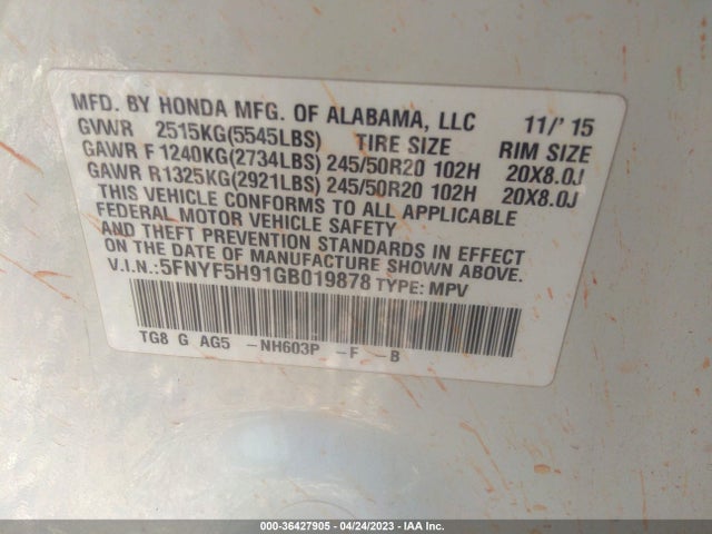 Honda Pilot Touring 2016 5FNYF5H91GB019878 Image 9