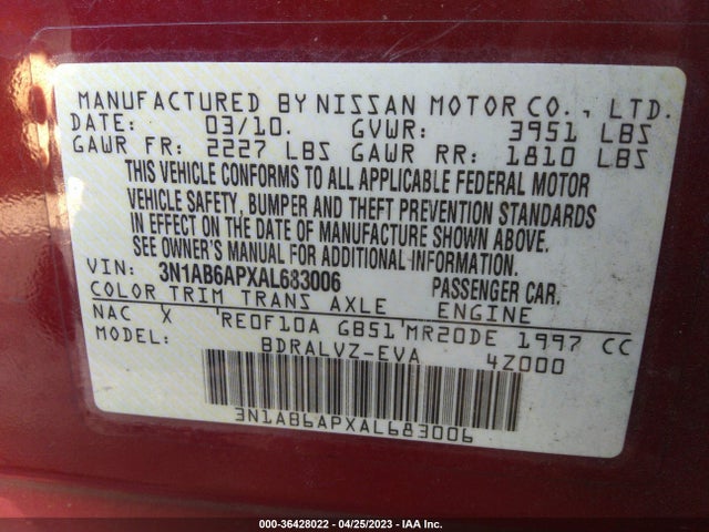 2010 NISSAN SENTRA 2.0 SL VIN: 3N1AB6APXAL683006