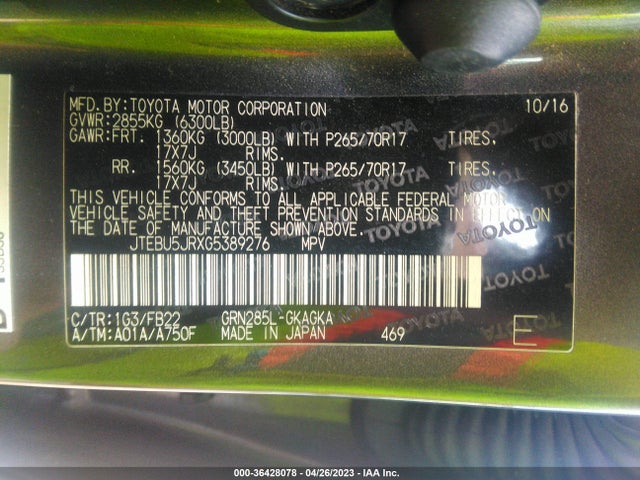 Toyota 4RUNNER SR5 2016 JTEBU5JRXG5389276 Image 9