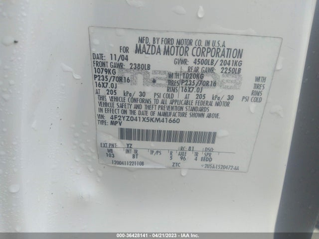 2005 MAZDA TRIBUTE S VIN: 4F2YZ041X5KM41660