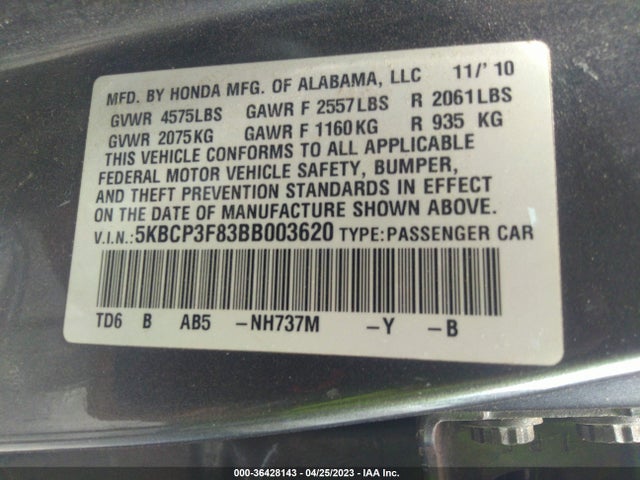 2011 HONDA ACCORD SDN EX-L VIN: 5KBCP3F83BB003620
