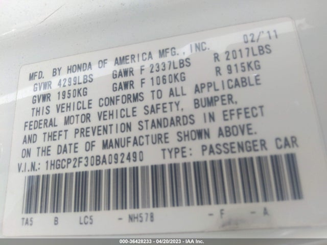 2011 HONDA ACCORD SDN LX VIN: 1HGCP2F30BA092490