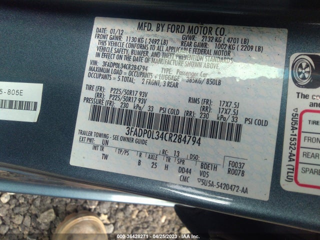 2012 FORD FUSION HYBRID VIN: 3FADP0L34CR284794