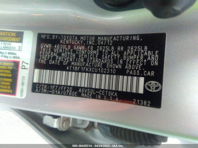 2012 TOYOTA CAMRY L/LE/SE/XLE VIN: 4T1BF1FKXCU102310