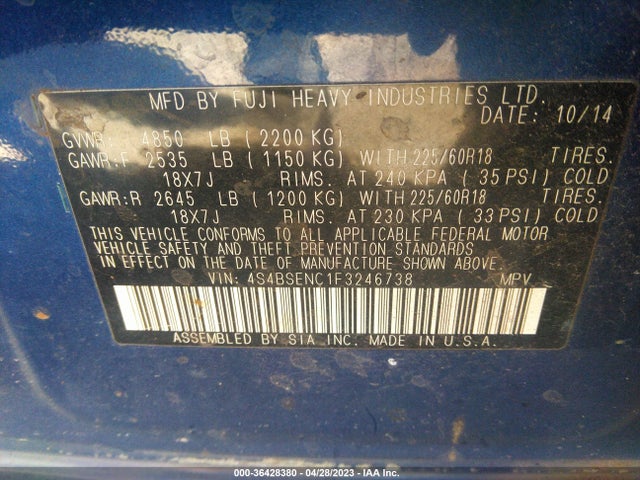 4S4BSENC1F3246738 Subaru Outback 3.6r Limited
