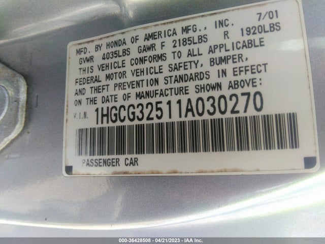 2001 HONDA ACCORD CPE EX VIN: 1HGCG32511A030270