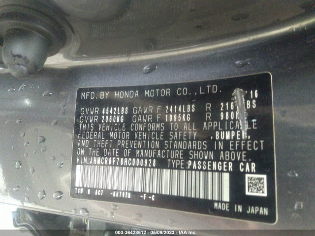 2017 HONDA ACCORD HYBRID TOURING VIN: JHMCR6F78HC000928