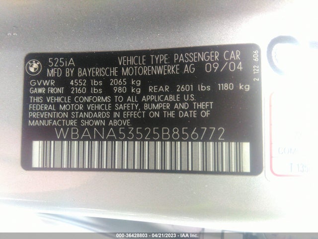 2005 BMW 5 SERIES 525I VIN: WBANA53525B856772