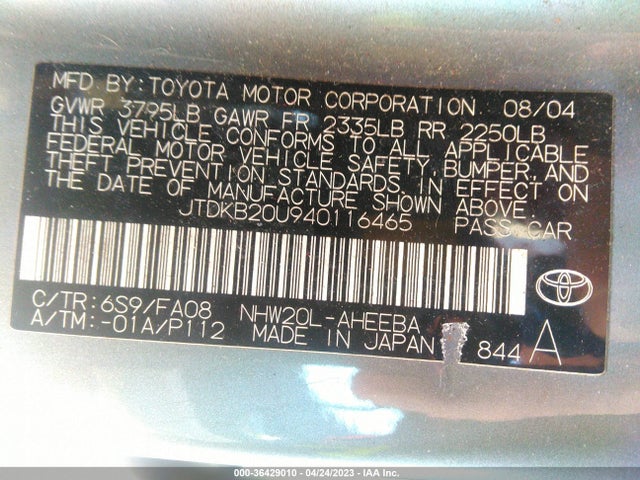 2004 TOYOTA PRIUS VIN: JTDKB20U940116465