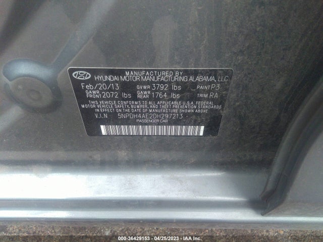 Продажа на аукционе авто 2013 Hyundai Elantra Limited, vin: 5NPDH4AE2DH297213, номер лота: 36429153
