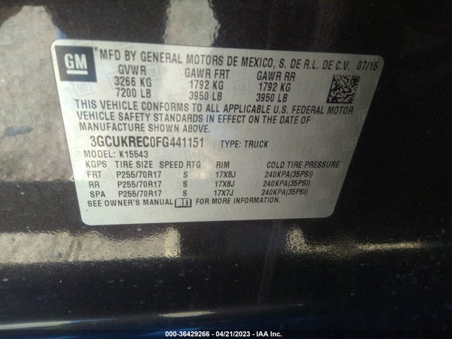 2015 CHEVROLET SILVERADO 1500 LT VIN: 3GCUKREC0FG441151